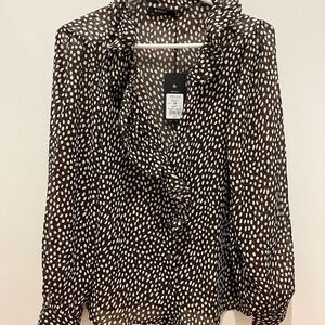 Golf Brown and White Polka Dot Blouse chiffon ruffle sheer NWT